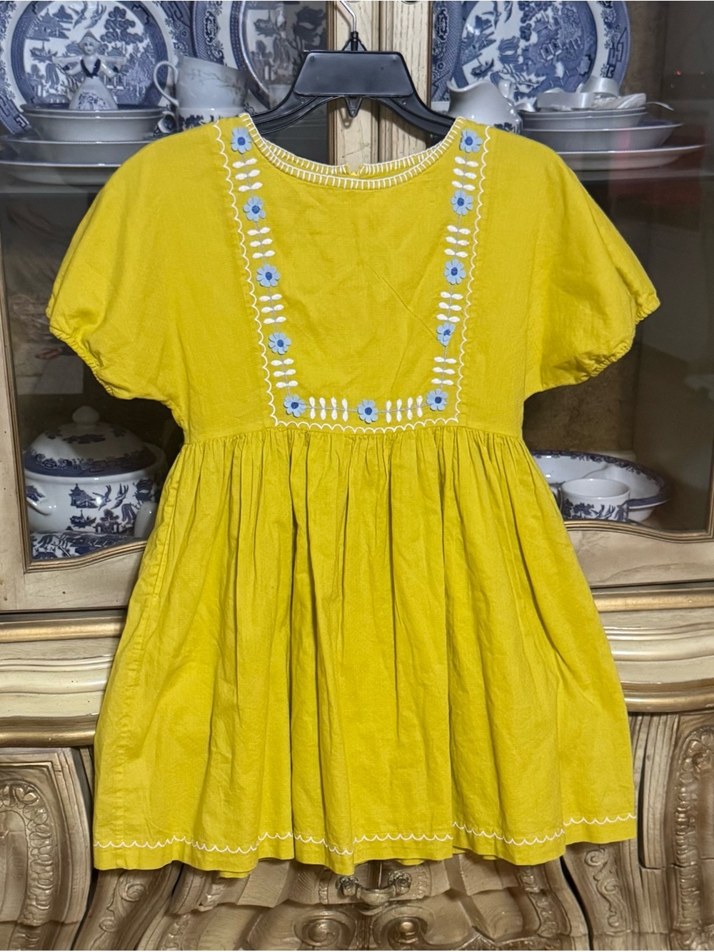 Mini Boden Mustard Yellow dress blue flowers 9-10y girls